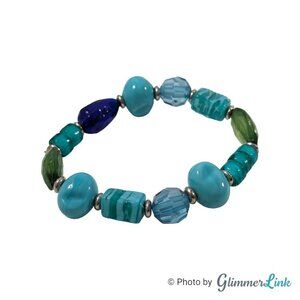Blue Green & Silver Tone Mixed Media Beaded Stretch Bracelet